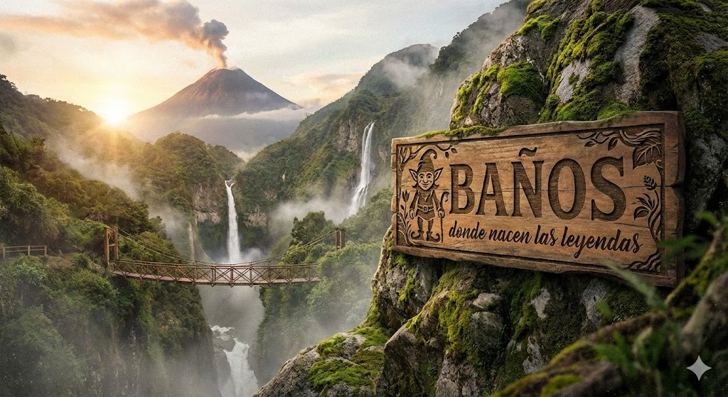 Paisaje místico de Baños de Agua Santa con el duende y el rótulo